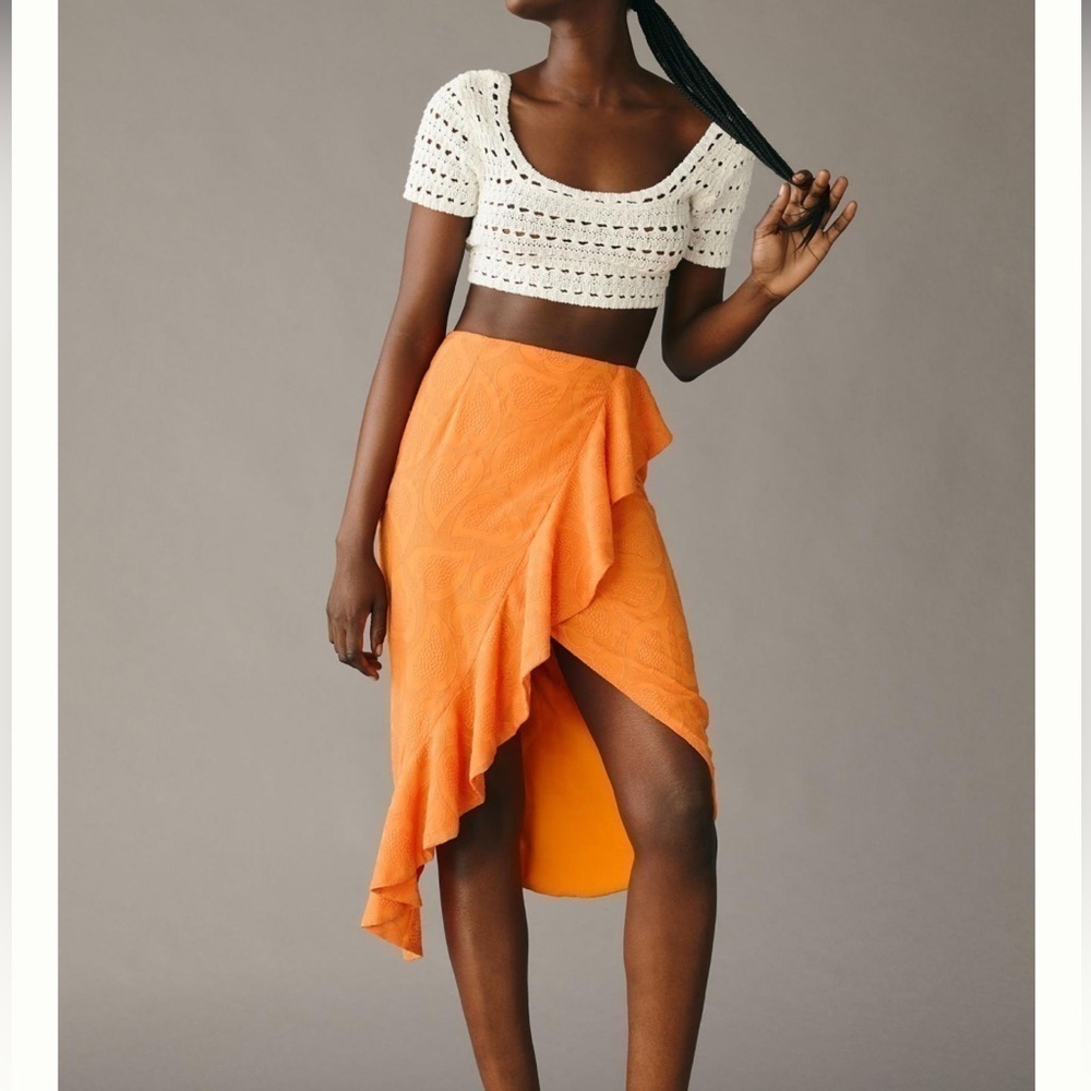 Anthropologie Maeve Slim Ruffle Wrap Skirt in Orange - Size 10 NWT